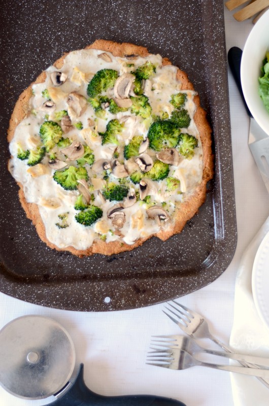 Paleo Coconut Flour Pizza Crust with Alfredo Sauce, Chicken, and Broccoli