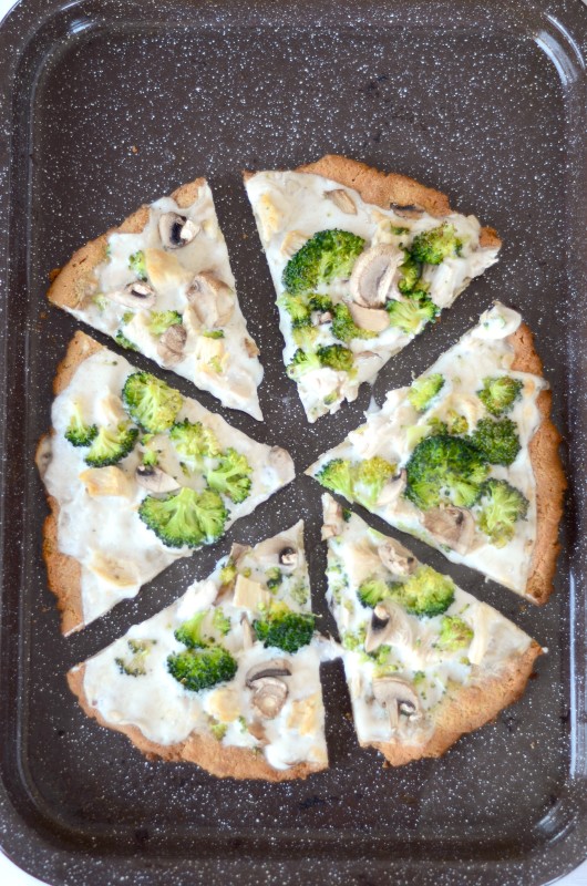 Paleo Coconut Flour Pizza Crust with Alfredo Sauce, Chicken, and Broccoli