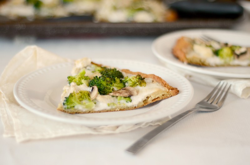 Paleo Coconut Flour Pizza Crust with Alfredo Sauce, Chicken, and Broccoli