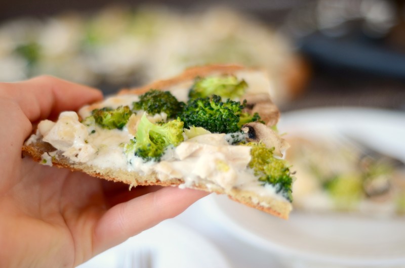 Paleo Coconut Flour Pizza Crust with Alfredo Sauce, Chicken, and Broccoli